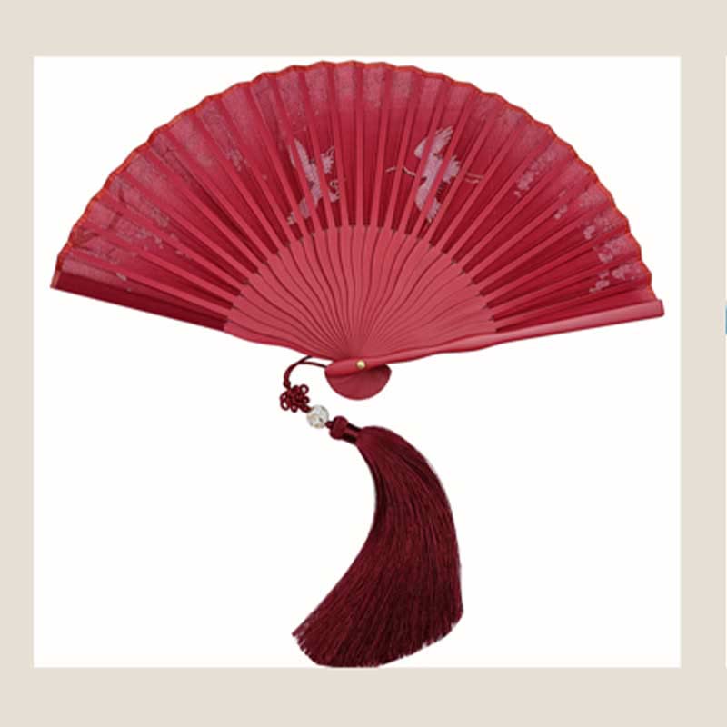 Buddha Stones、鶴、梅の花、手持ちシルク竹扇子