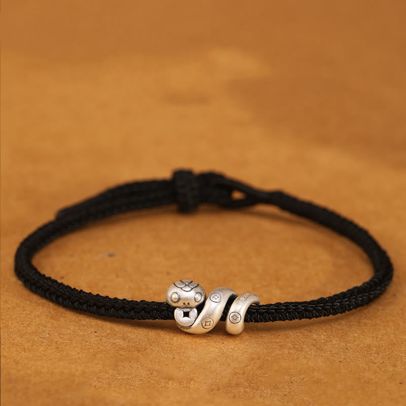 Buddha Stones999スターリングシルバー 蛇年 ハンドメイド銅貨守護編みブレスレット