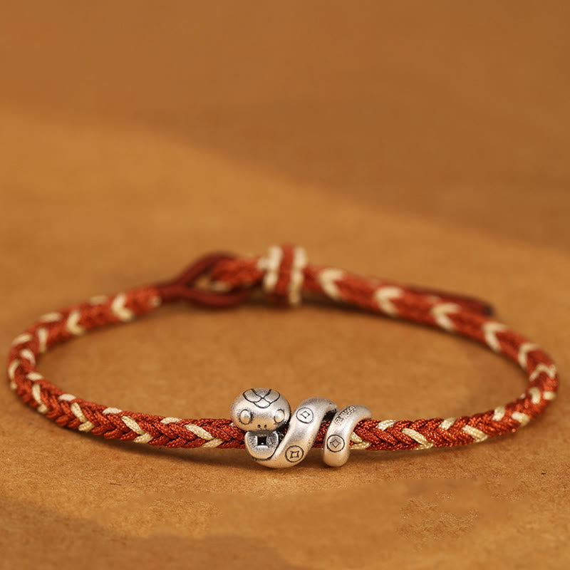 Buddha Stones999スターリングシルバー 蛇年 ハンドメイド銅貨守護編みブレスレット