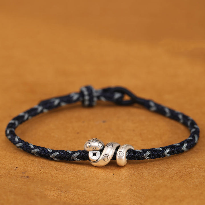 Buddha Stones999スターリングシルバー 蛇年 ハンドメイド銅貨守護編みブレスレット