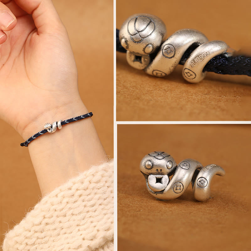 Buddha Stones999スターリングシルバー 蛇年 ハンドメイド銅貨守護編みブレスレット
