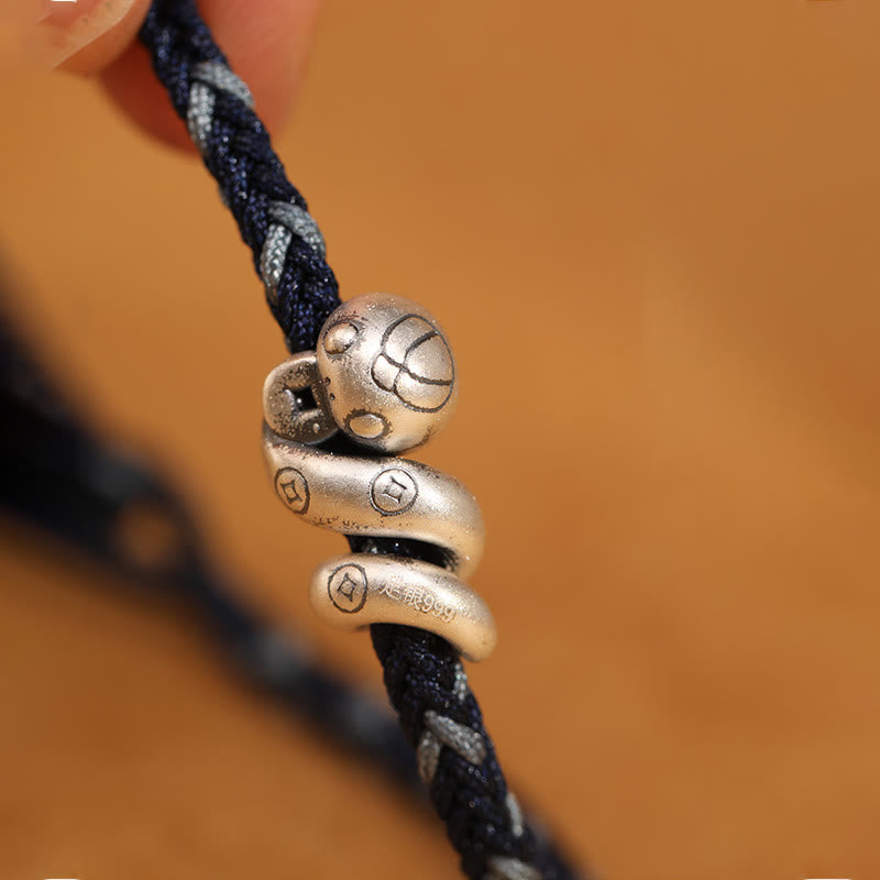 Buddha Stones999スターリングシルバー 蛇年 ハンドメイド銅貨守護編みブレスレット