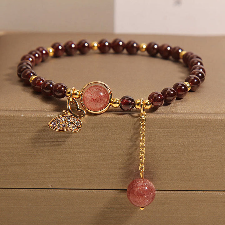 天然石 ガーネット ストロベリークォーツ バタフライ プロテクション ブレスレット 開運 守護 幸運 | Buddha Stones