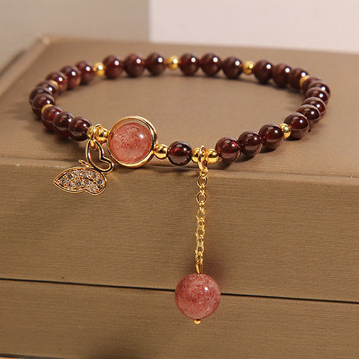 天然石 ガーネット ストロベリークォーツ バタフライ プロテクション ブレスレット 開運 守護 幸運 | Buddha Stones