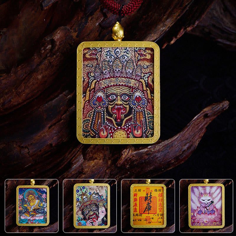 Buddha Stonesチベット ザキラム 九尾の狐 黄色の富の神 タンカ 希望のネックレス ペンダント - image 1
