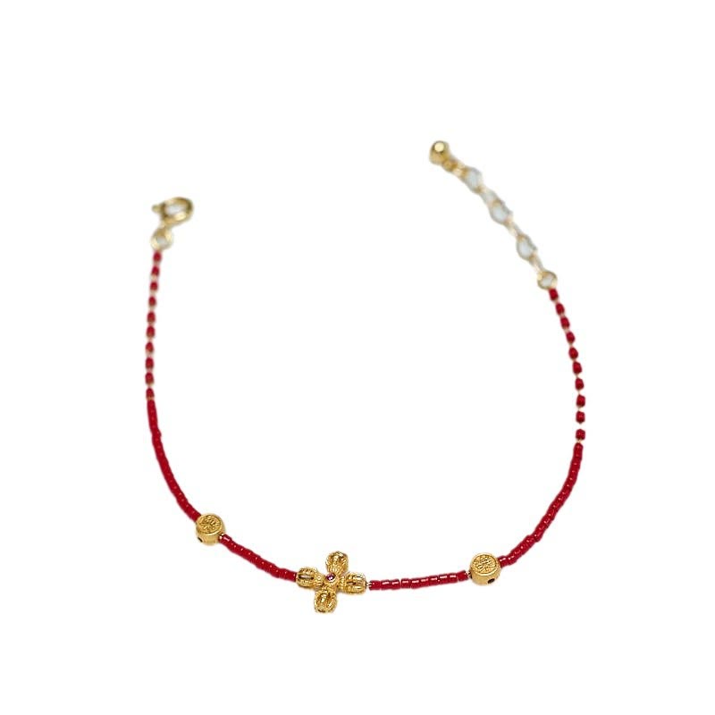 Buddha Stones24Kゴールドメッキ 925スターリングシルバー 劉里ガラスビーズ 貔貅 四つ葉のクローバー 喜びと幸福 富のブレスレット