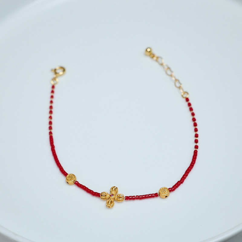 Buddha Stones24Kゴールドメッキ 925スターリングシルバー 劉里ガラスビーズ 貔貅 四つ葉のクローバー 喜びと幸福 富のブレスレット