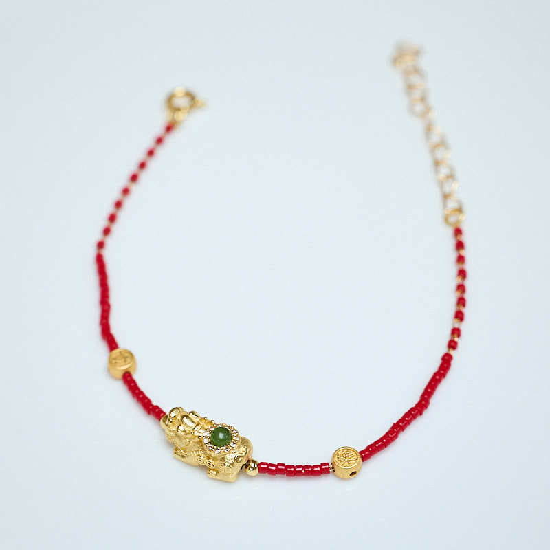 Buddha Stones24Kゴールドメッキ 925スターリングシルバー 劉里ガラスビーズ 貔貅 四つ葉のクローバー 喜びと幸福 富のブレスレット