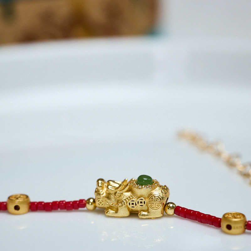 Buddha Stones24Kゴールドメッキ 925スターリングシルバー 劉里ガラスビーズ 貔貅 四つ葉のクローバー 喜びと幸福 富のブレスレット