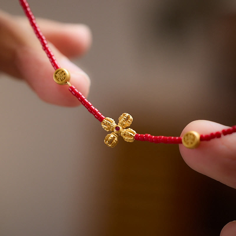 Buddha Stones24Kゴールドメッキ 925スターリングシルバー 劉里ガラスビーズ 貔貅 四つ葉のクローバー 喜びと幸福 富のブレスレット