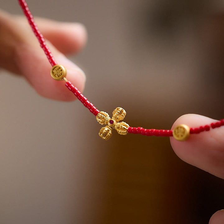 Buddha Stones24Kゴールドメッキ 925スターリングシルバー 劉里ガラスビーズ 貔貅 四つ葉のクローバー 喜びと幸福 富のブレスレット