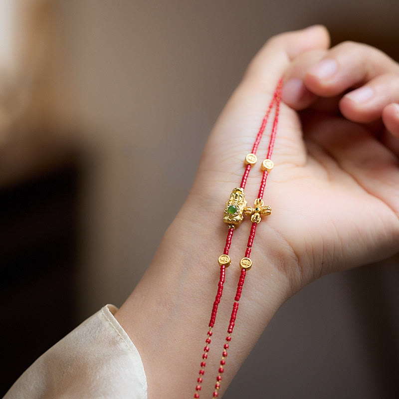 Buddha Stones24Kゴールドメッキ 925スターリングシルバー 劉里ガラスビーズ 貔貅 四つ葉のクローバー 喜びと幸福 富のブレスレット