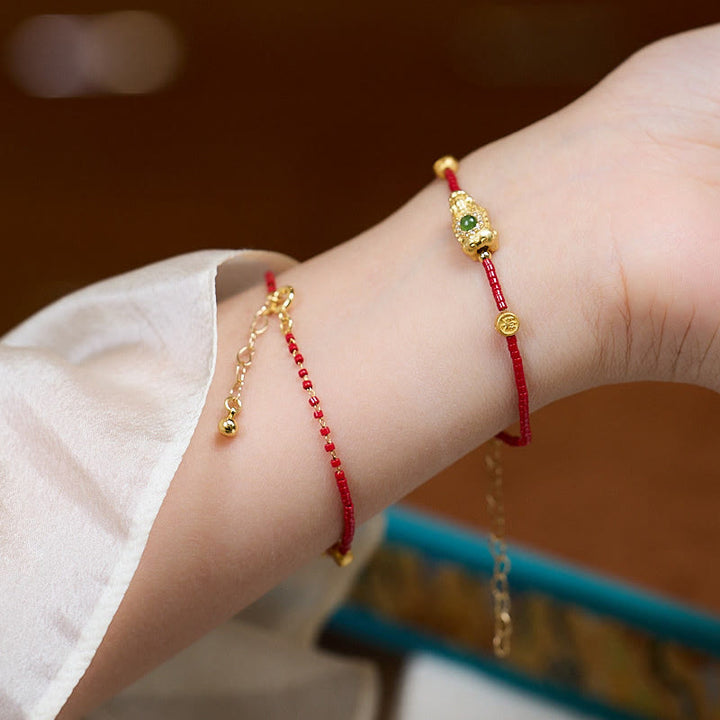 Buddha Stones24Kゴールドメッキ 925スターリングシルバー 劉里ガラスビーズ 貔貅 四つ葉のクローバー 喜びと幸福 富のブレスレット
