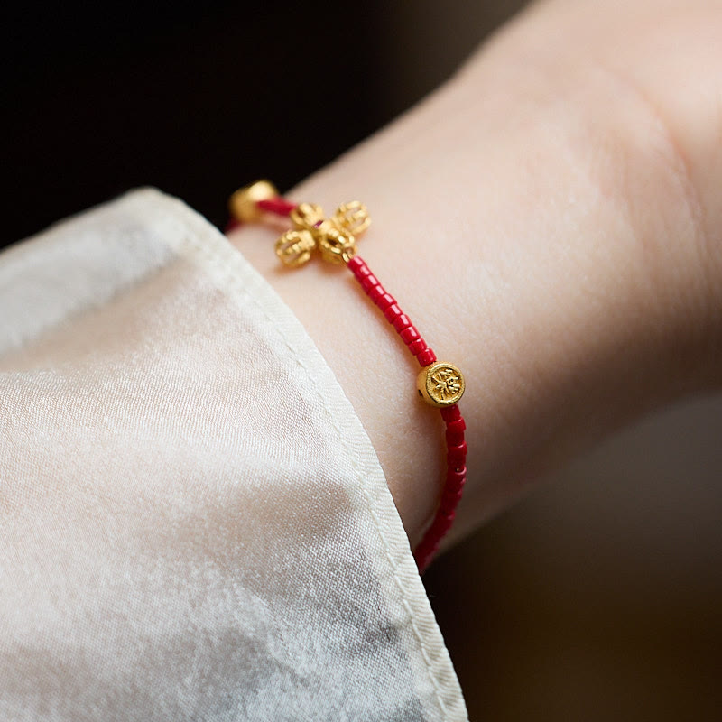 Buddha Stones24Kゴールドメッキ 925スターリングシルバー 劉里ガラスビーズ 貔貅 四つ葉のクローバー 喜びと幸福 富のブレスレット
