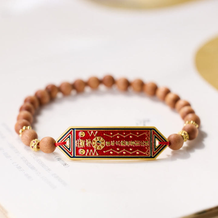 Buddha Stones白檀 木製ビーズ 金メッキ 銅 八卦 陰陽 漢字 ハーモニーブレスレット
