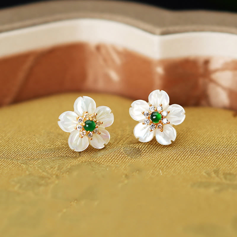 Buddha Stones925スターリングシルバー シャコガイ石 翡翠花 祝福イヤリング - シャコガイ石翡翠 925スターリングシルバー - image 0