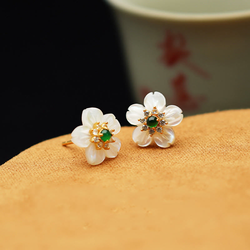 Buddha Stones925スターリングシルバー シャコガイ石 翡翠花 祝福イヤリング