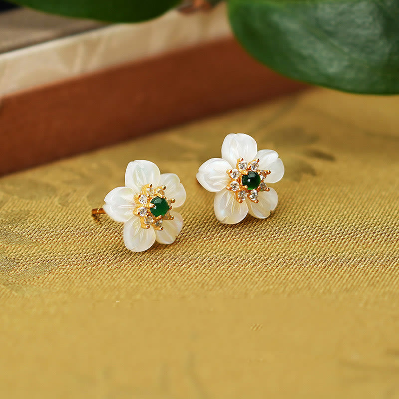 Buddha Stones925スターリングシルバー シャコガイ石 翡翠花 祝福イヤリング