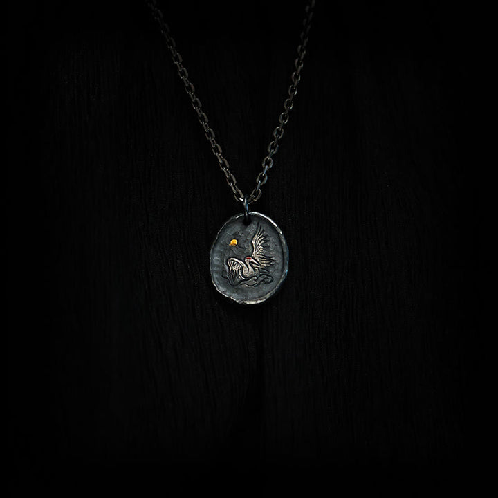 Buddha Stones999スターリングシルバー 24Kゴールド 鶴 吉兆 雲 バランスネックレス ペンダント