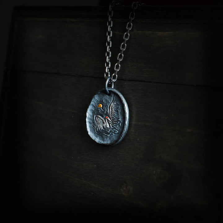 Buddha Stones999スターリングシルバー 24Kゴールド 鶴 吉兆 雲 バランスネックレス ペンダント