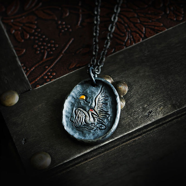 Buddha Stones999スターリングシルバー 24Kゴールド 鶴 吉兆 雲 バランスネックレス ペンダント