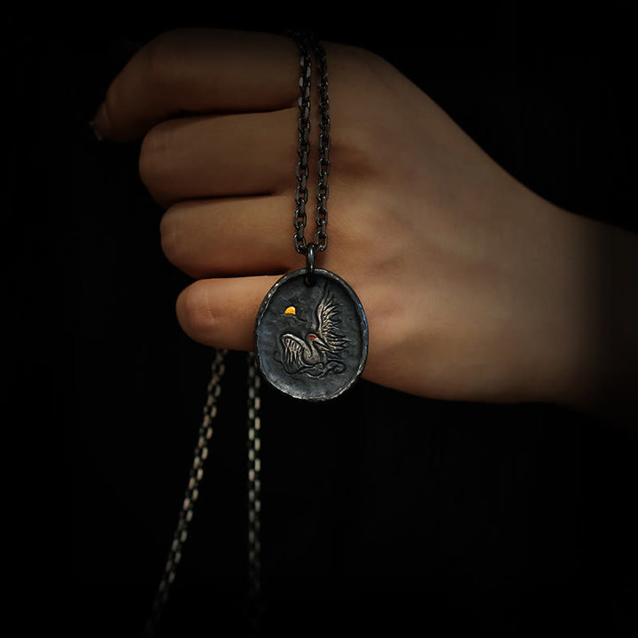 Buddha Stones999スターリングシルバー 24Kゴールド 鶴 吉兆 雲 バランスネックレス ペンダント