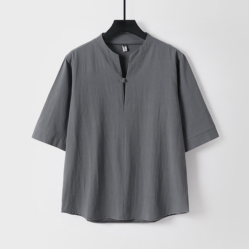 Buddha Stones無地 七分袖 ボタン1つ コットンリネン メンズシャツ - グレー - US/UK/AU54、 EU64 (9XL) - image 2