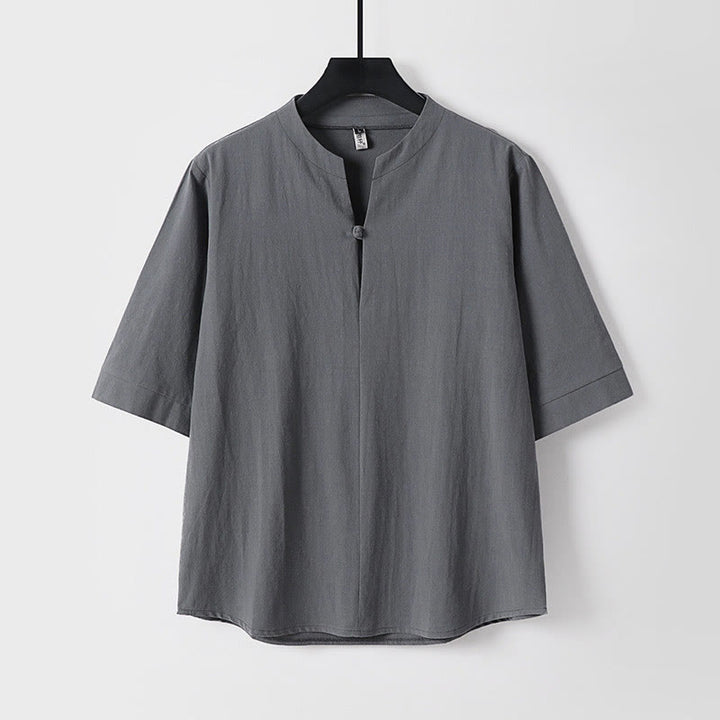Buddha Stones無地 七分袖 ボタン1つ コットンリネン メンズシャツ - グレー - US/UK/AU54、 EU64 (9XL) - image 2