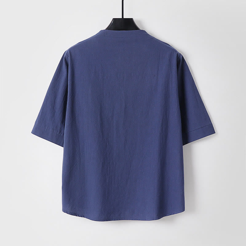 Buddha Stones無地 七分袖 ワンボタン コットンリネン メンズシャツ - image 6