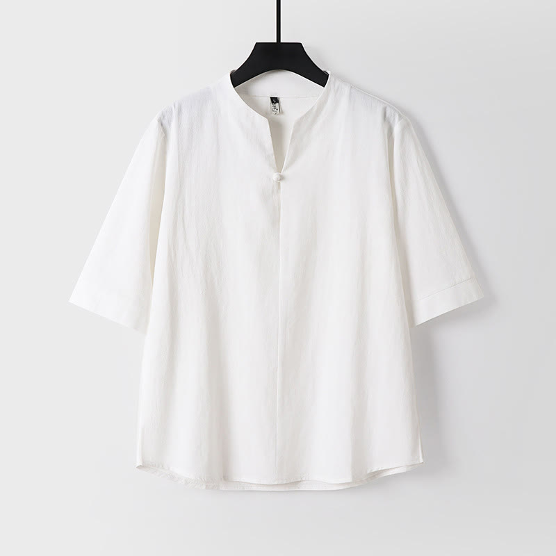 Buddha Stones無地 七分袖 ボタン1つ コットンリネン メンズシャツ - 白 - US/UK/AU54、 EU64 (9XL) - image 1