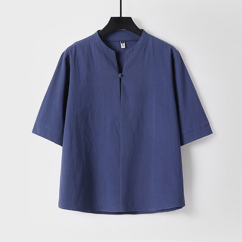 Buddha Stones無地 七分袖 ワンボタン コットンリネン メンズシャツ - ダークブルー - US/UK/AU54、 EU64 (9XL) - image 4