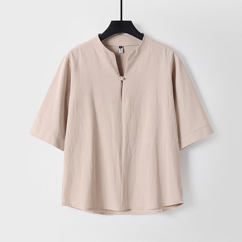 Buddha Stones無地 七分袖 ボタン1つ コットンリネン メンズシャツ - 小麦 - US/UK/AU54、 EU64 (9XL) - image 3