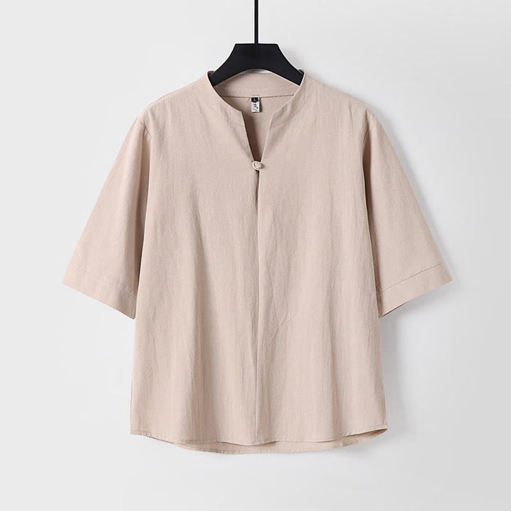 Buddha Stones無地 七分袖 ボタン1つ コットンリネン メンズシャツ - 小麦 - US/UK/AU54、 EU64 (9XL) - image 3
