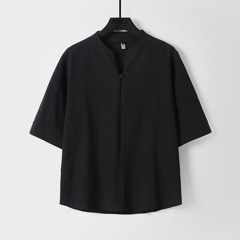 Buddha Stones無地 七分袖 ワンボタン コットンリネン メンズシャツ - 黒 - US/UK/AU54、 EU64 (9XL) - image 0