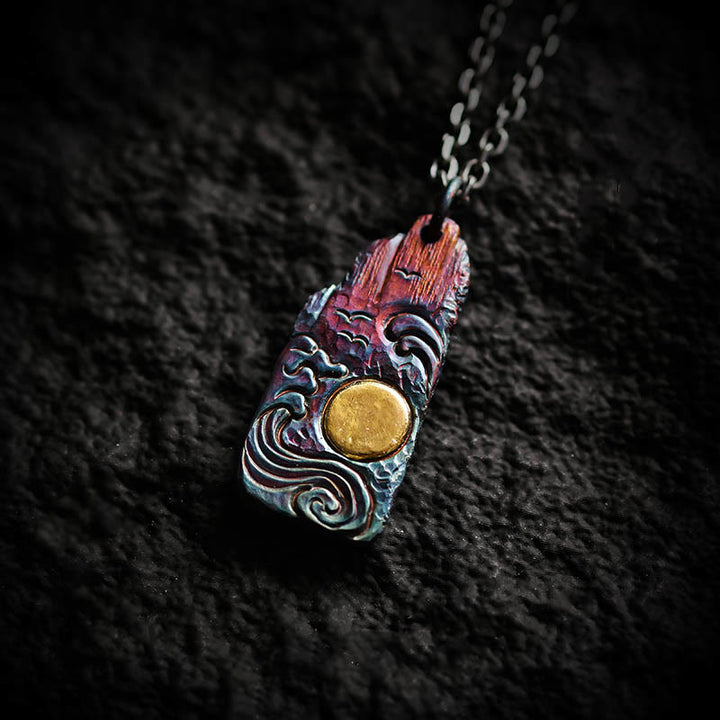 Buddha Stones999スターリングシルバー 24Kゴールド ウェーブ サンバランス ネックレス ペンダント - 999スターリングシルバー＆チタンスチールチェーン - image 0