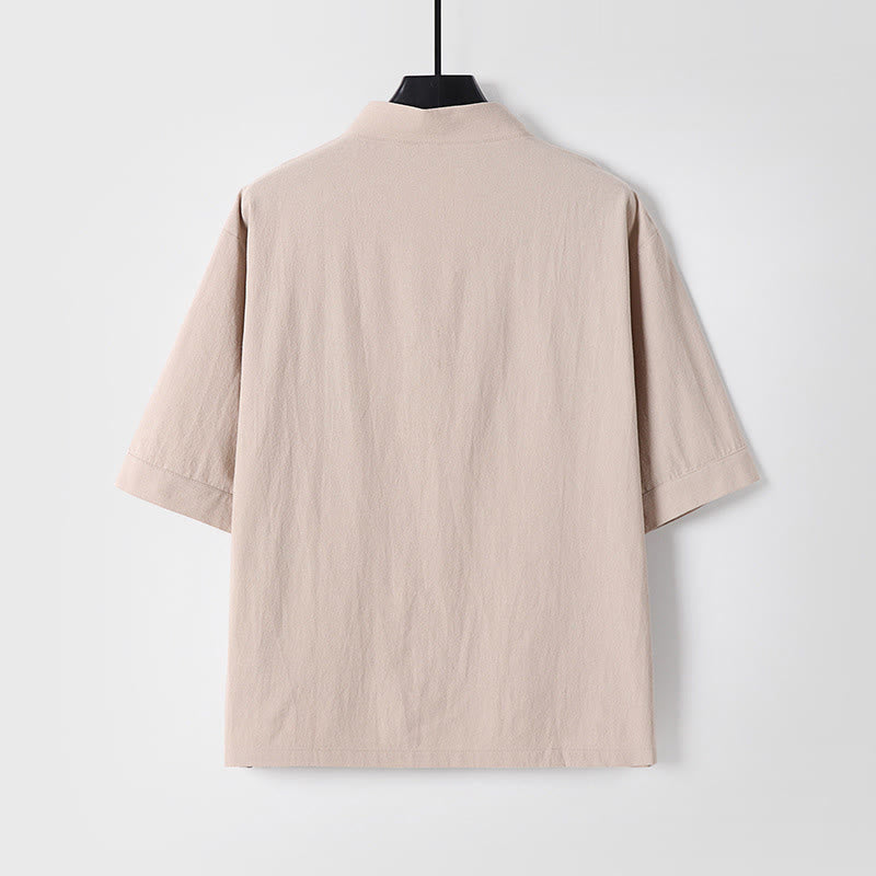 Buddha Stonesカジュアル 無地 七分袖 フロントボタン コットンリネン メンズシャツ ポケット付き - image 1