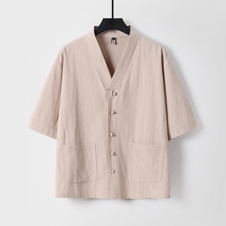 Buddha Stonesカジュアル 無地 七分袖 フロントボタン コットンリネン メンズシャツ ポケット付き - 小麦 - US/UK/AU54、 EU64 (9XL) - image 0