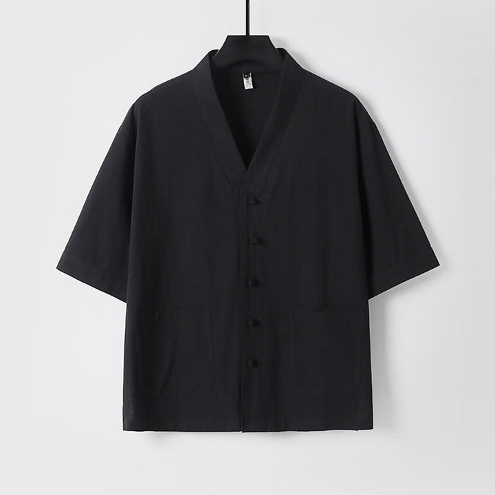 Buddha Stonesカジュアル 無地 七分袖 フロントボタン コットンリネン メンズシャツ ポケット付き - 黒 - US/UK/AU54、 EU64 (9XL) - image 11
