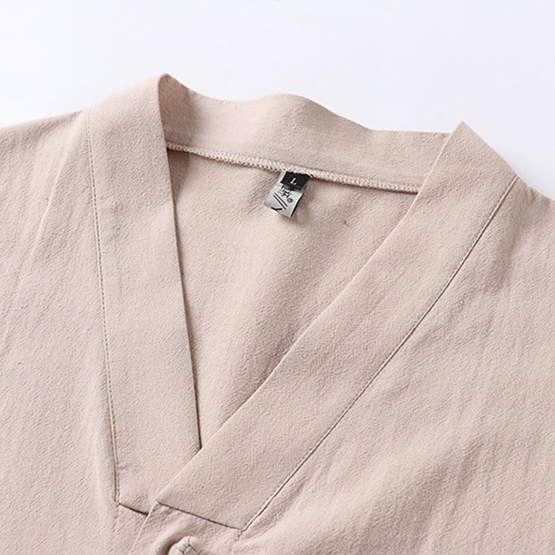 Buddha Stonesカジュアル 無地 七分袖 フロントボタン コットンリネン メンズシャツ ポケット付き - image 3