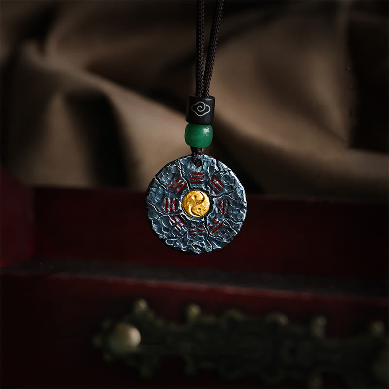 Buddha Stones999スターリングシルバー 24Kゴールド 八卦太極陰陽デザイン 山の幽霊 お金を使う ハーモニーネックレス ペンダント - 999スターリングシルバー＆コットンロープチェーン - image 1