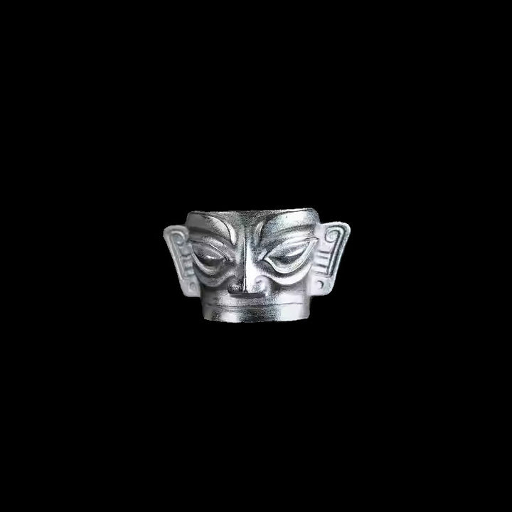 Buddha Stones999スターリングシルバーハンドキャスティング三星堆マスク保護リング