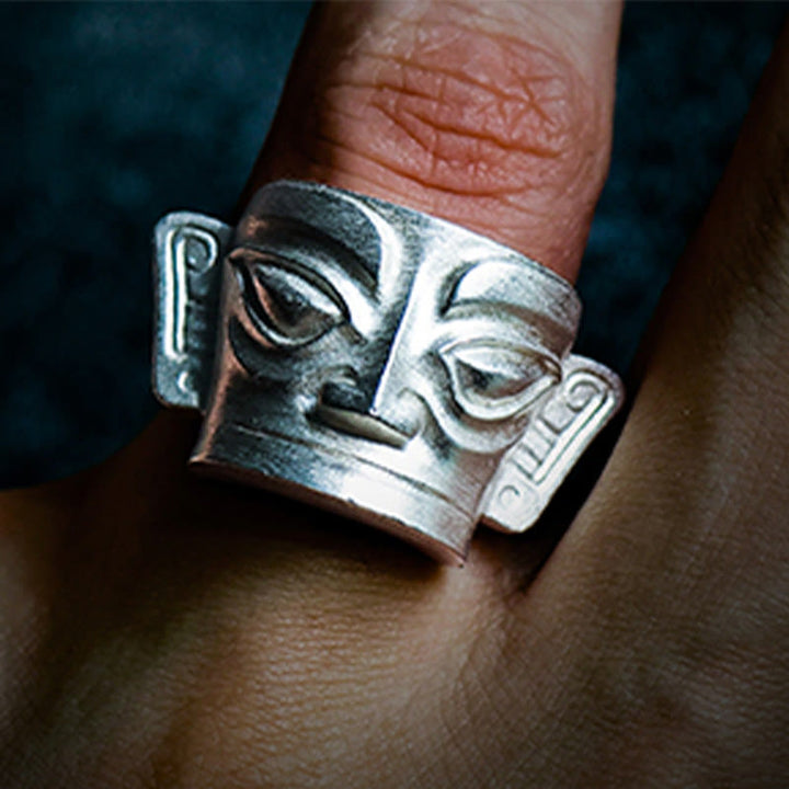 Buddha Stones999スターリングシルバーハンドキャスティング三星堆マスク保護リング - image 12