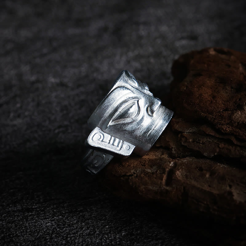 Buddha Stones999スターリングシルバーハンドキャスティング三星堆マスク保護リング - image 2
