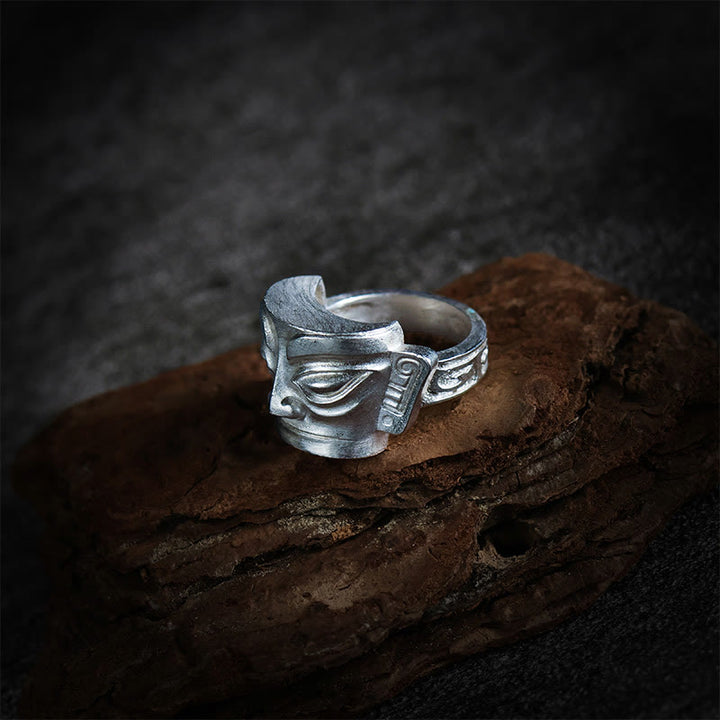 Buddha Stones999スターリングシルバーハンドキャスティング三星堆マスク保護リング - image 3