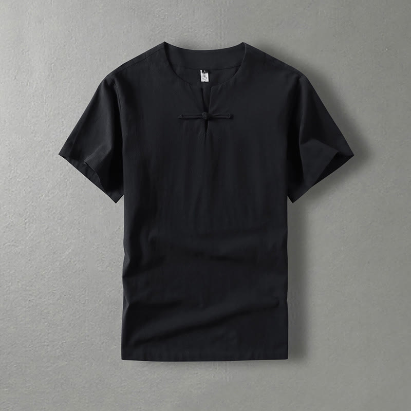 Buddha Stonesカジュアル 無地 半袖 カエルボタン コットンリネン メンズシャツ - 黒 - US/UK/AU54、 EU64 (9XL) - image 2