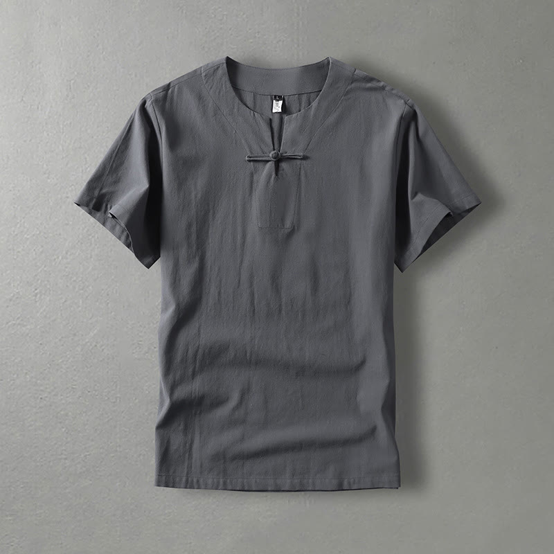 Buddha Stonesカジュアル 無地 半袖 カエルボタン コットンリネン メンズシャツ - グレー - US/UK/AU54、 EU64 (9XL) - image 0