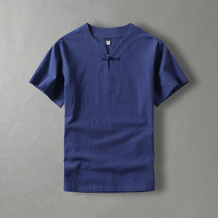Buddha Stonesカジュアル 無地 半袖 カエルボタン コットンリネン メンズシャツ - ダークブルー - US/UK/AU54、 EU64 (9XL) - image 3