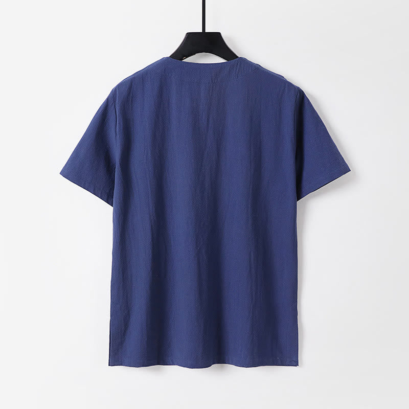 Buddha Stonesカジュアル 無地 半袖 カエルボタン コットンリネン メンズシャツ - image 4