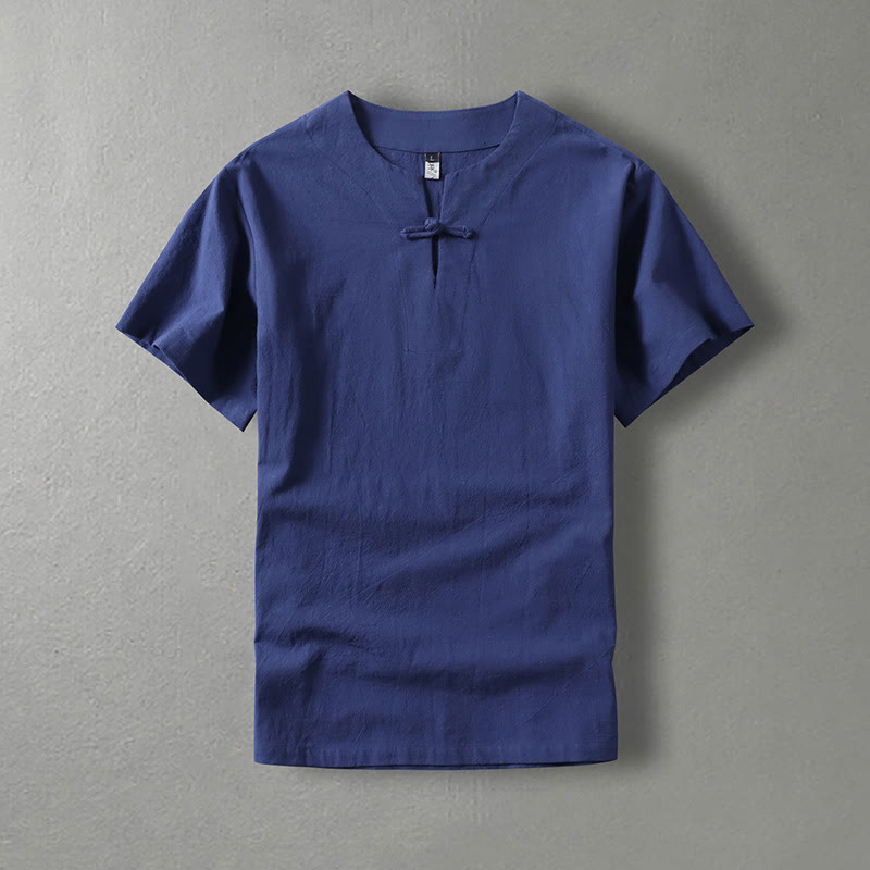 Buddha Stonesカジュアル 無地 半袖 カエルボタン コットンリネン メンズシャツ - ダークブルー - US/UK/AU54、 EU64 (9XL) - image 3