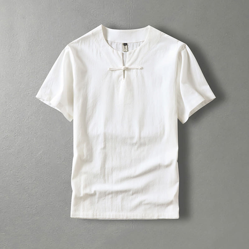 Buddha Stonesカジュアル 無地 半袖 カエルボタン コットンリネン メンズシャツ - 白 - US/UK/AU54、 EU64 (9XL) - image 1
